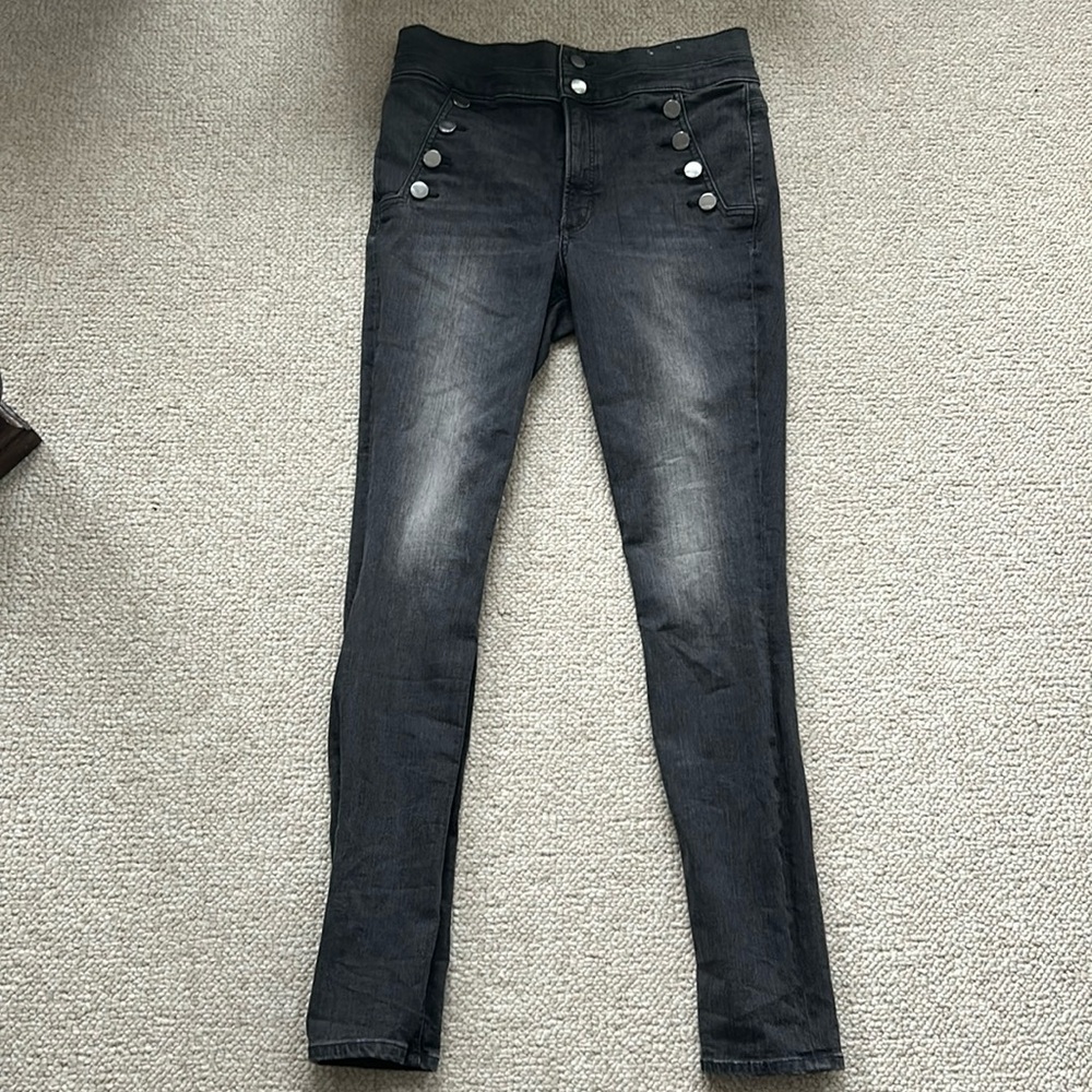 Super high waisted Express double button slim jeans in faded black size 10 LONG